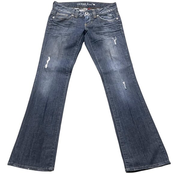 Guess Daredevil Bootcut Jeans Size 27 Dark Wash Distressed - Picture 3 of 7
